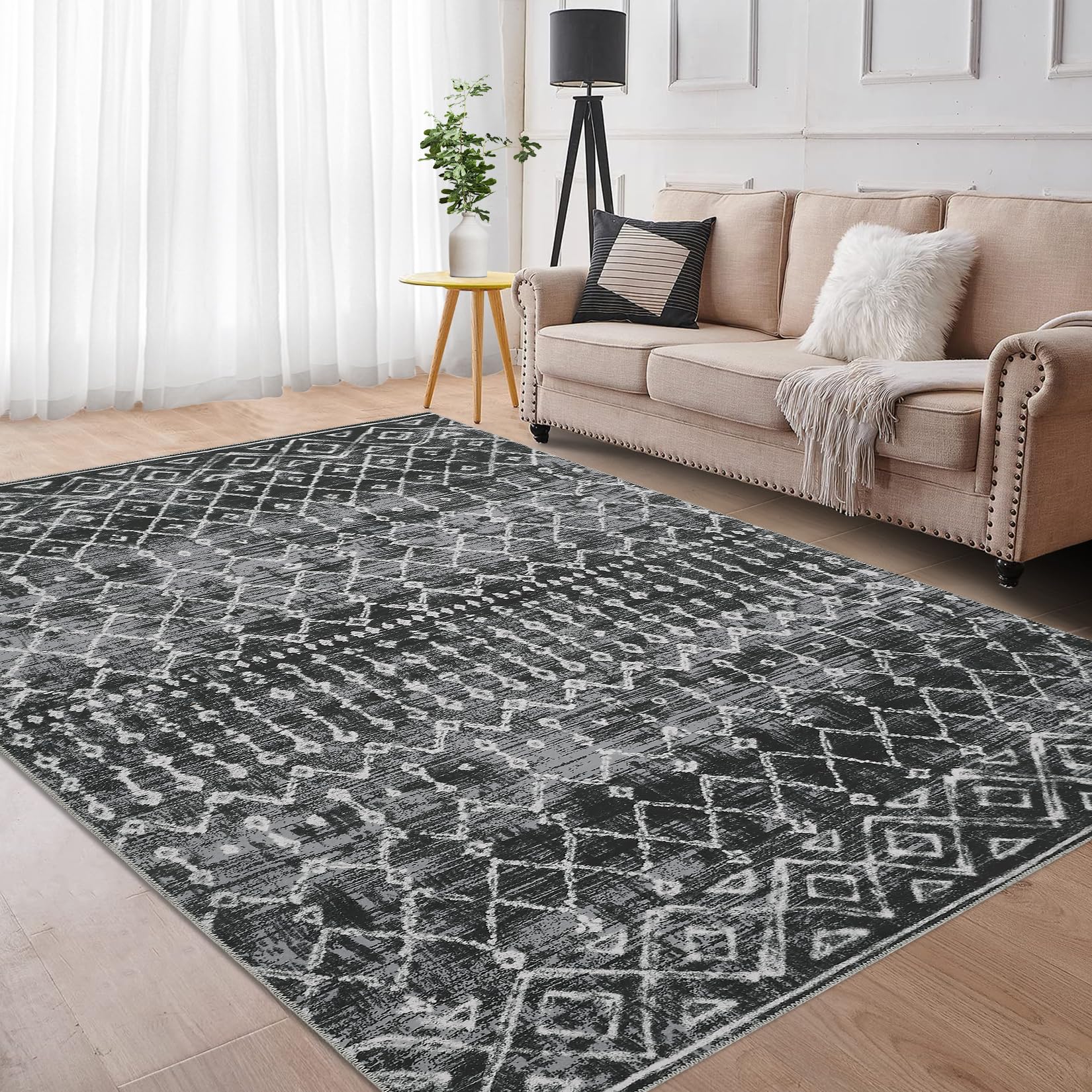 Tappeto GARVEE Boho in stile marocchino, 160x230 cm, nero, lavabile e antimacchia, pelo corto, antiscivolo, per soggiorno e ufficio