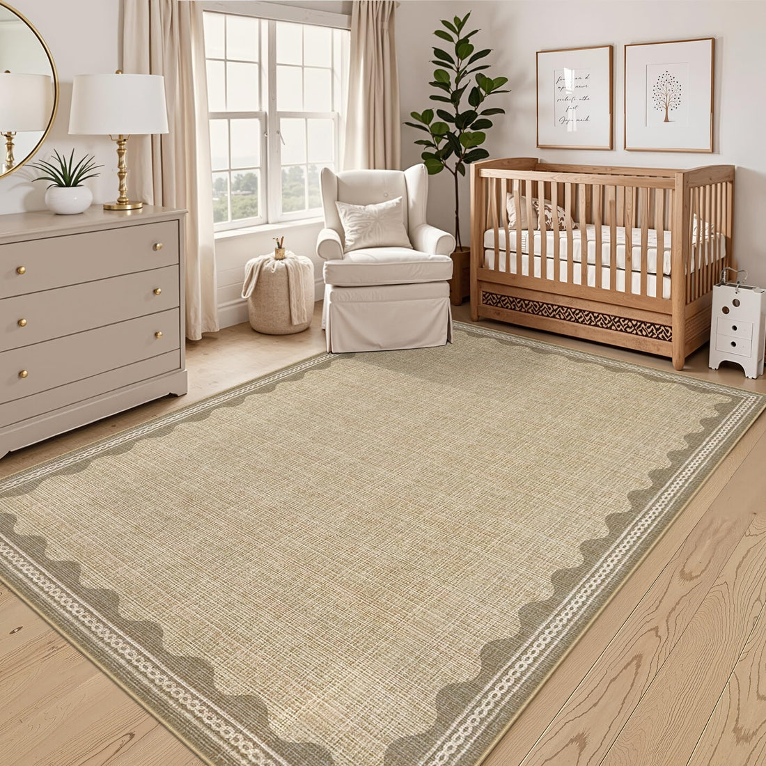 Tappeto lavabile Garvee grande 160x230 cm per soggiorno e camera da letto, antiscivolo, motivo a onde moderno, colore lino