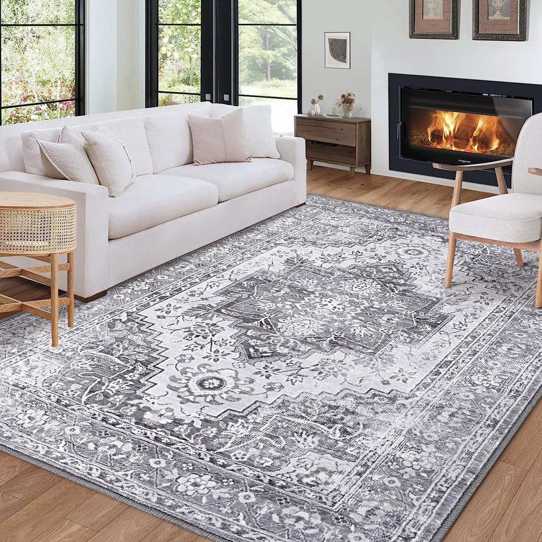 Tappeto vintage Garvee, design orientale, antiscivolo, antimacchia, lavabile, pelo corto, grigio, 160x230 cm, soggiorno, camera da letto