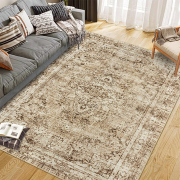 Tappeto a pelo corto Garvee Boho Vintage per soggiorno, camera da letto, 100% poliestere, antiscivolo, lavabile, marrone, 120x170 cm, design moderno