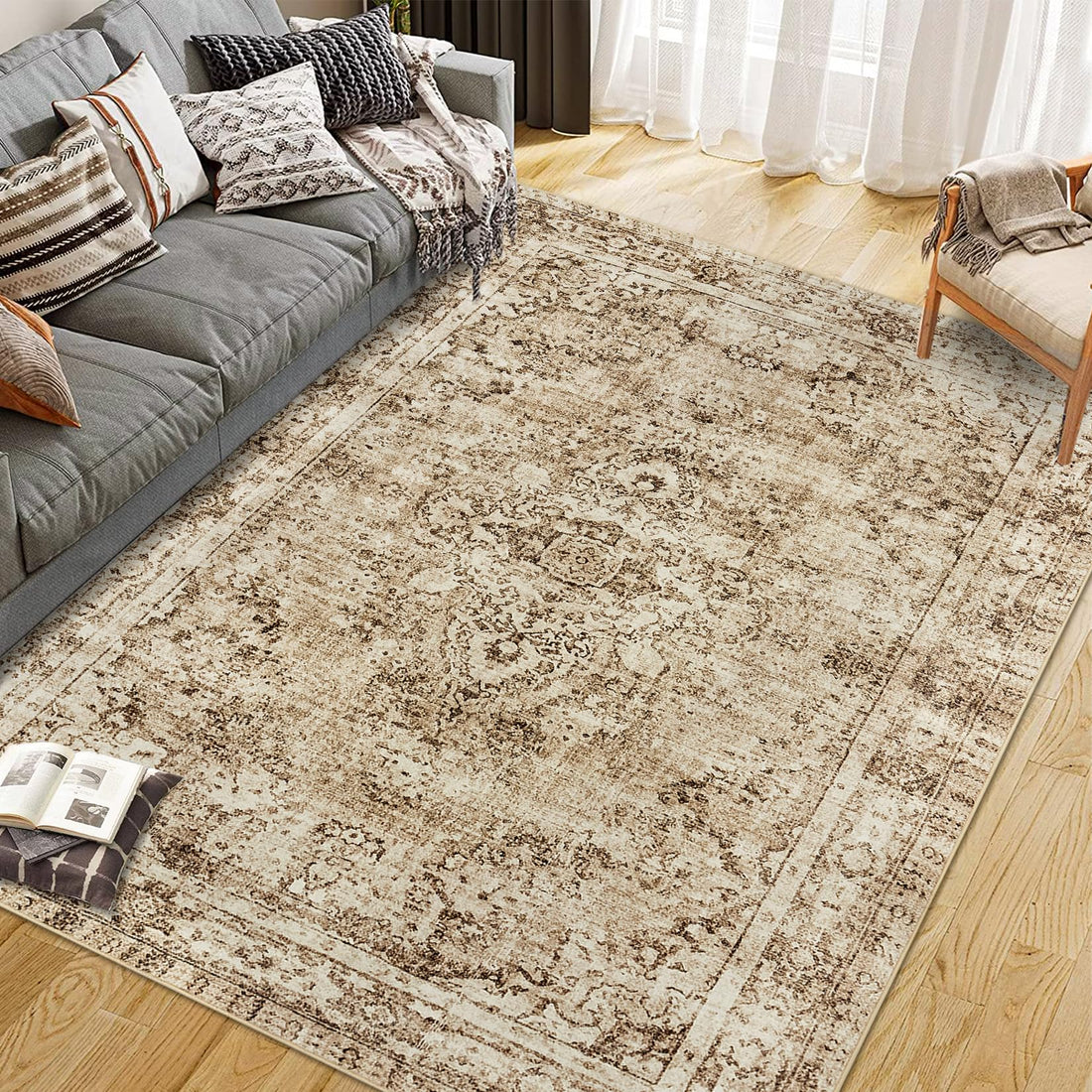 Tappeto a pelo corto Garvee Boho Vintage Soggiorno Camera da letto Grandi tappeti in poliestere Lavabile Antiscivolo Marrone 80x150cm