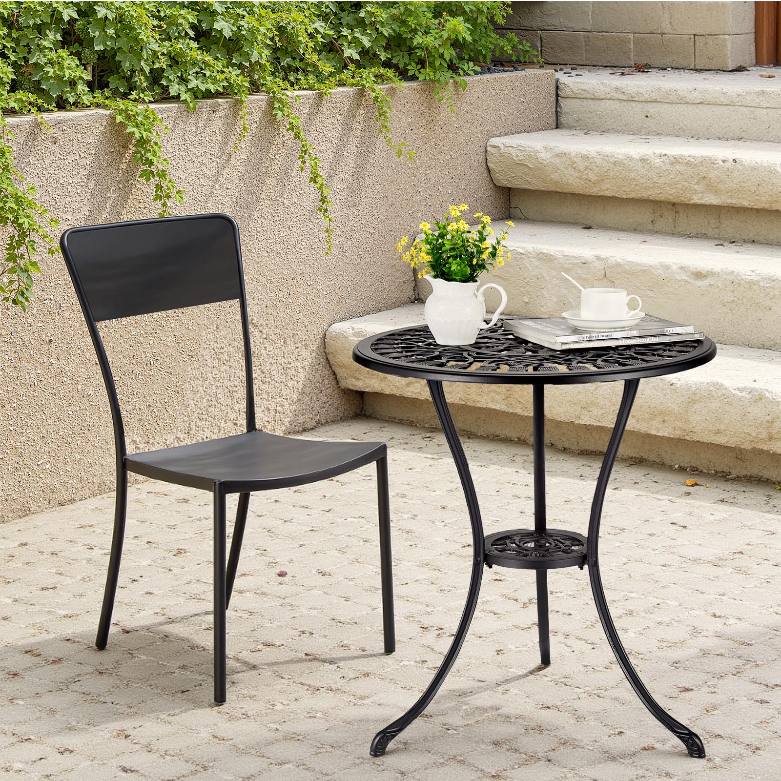 Tavolo da bistrot da esterno Garvee da 24" in ghisa rotonda con foro per ombrellone da 2" per balcone e giardino, nero