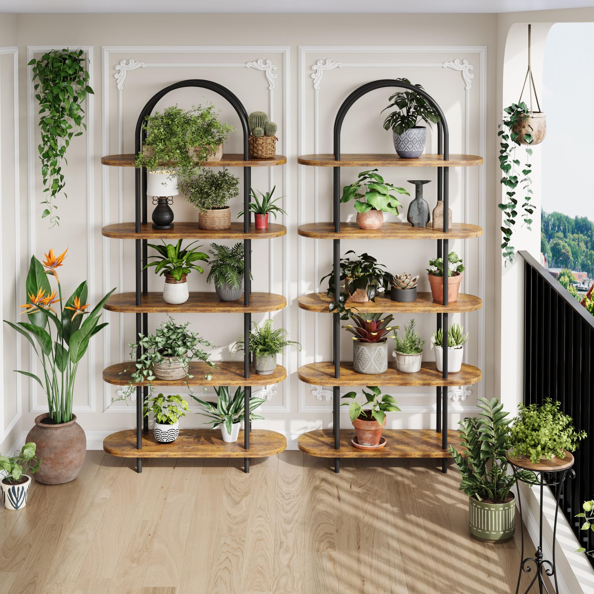 Libreria ad arco Garvee da 71" a 5 ripiani, struttura in metallo, in legno, per soggiorno, ufficio, capacità di carico di 30 libbre, antiribaltamento, piedini regolabili