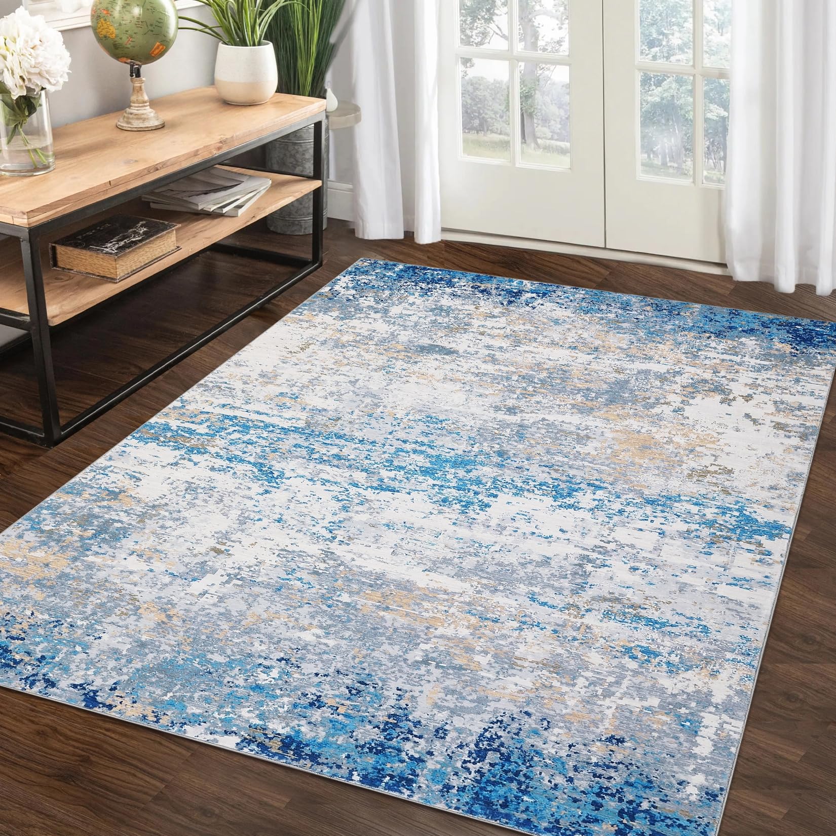 Tappeto moderno astratto Garvee 120x170 cm lavabile antiscivolo soggiorno camera da letto grigio blu
