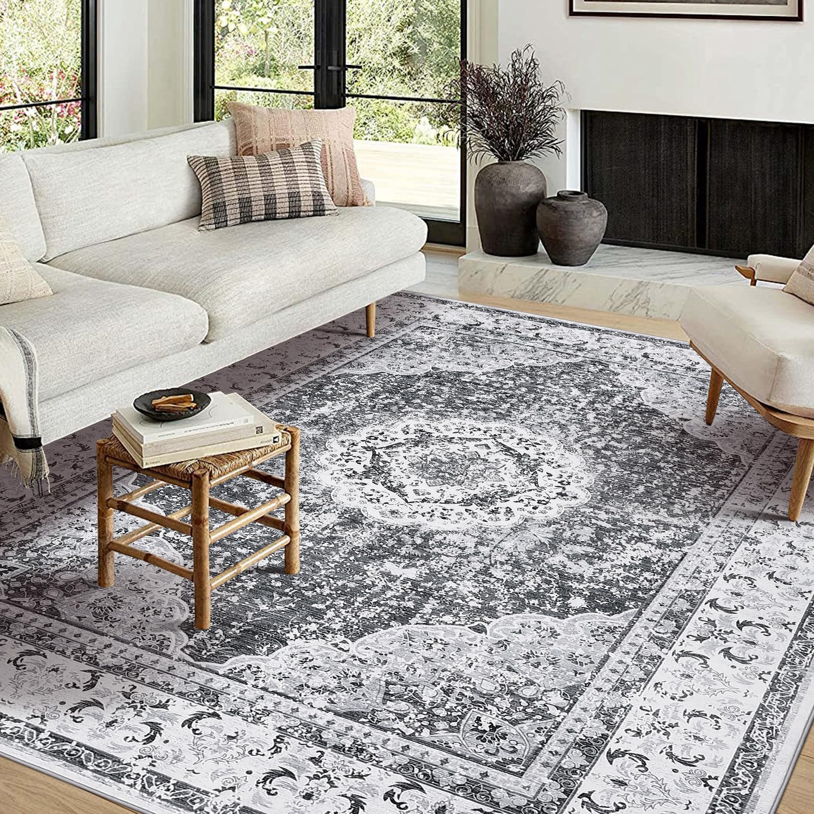 Tappeto Garvee Boho Vintage Floreale, Lavabile, 120x170cm, Morbido Velluto di Agnello Sintetico, Retro Antiscivolo in TPR, per Camera da Letto, Bagno, Cucina, Ingresso, Ufficio