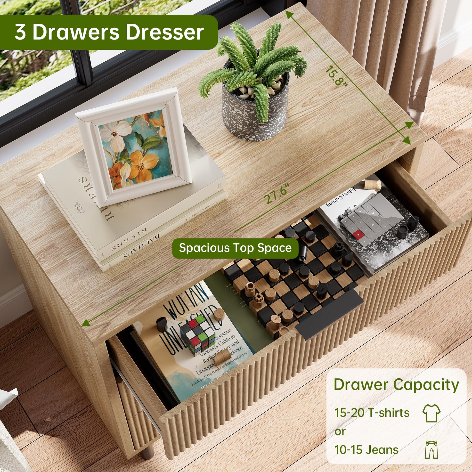Cassettiera Garvee in rovere con 3 cassetti, design scanalato, gambe in metallo, protezione antiribaltamento per camera da letto e soggiorno, bianco, moderno