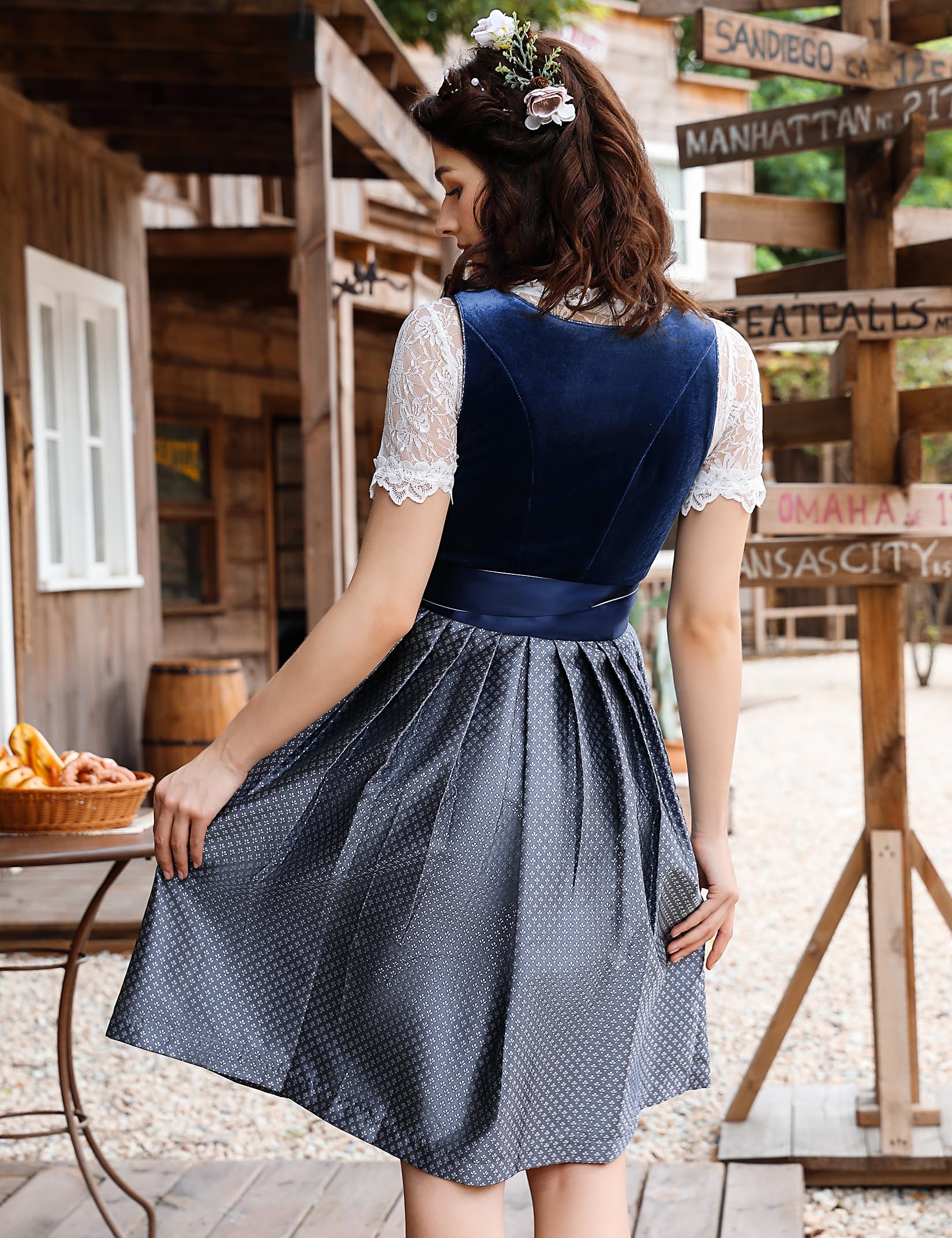 Garvee Dirndl, abito tradizionale da donna, corto e midi, 3 pezzi. Per l'Oktoberfest, grigio bluastro, taglia 46