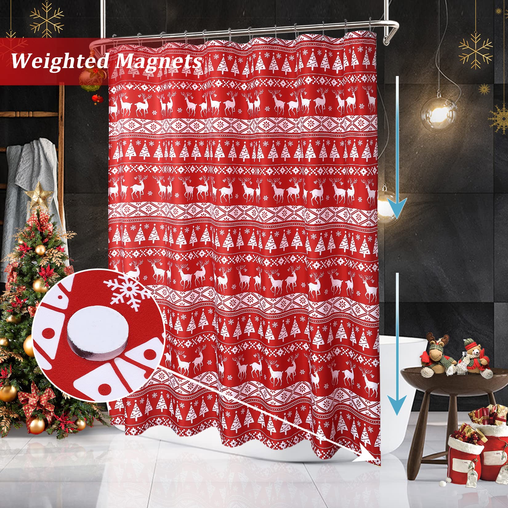 Tenda da doccia natalizia Garvee con motivo ad albero e cervo, impermeabile, magnetica, 35x72 pollici, rosso e bianco, arredo bagno