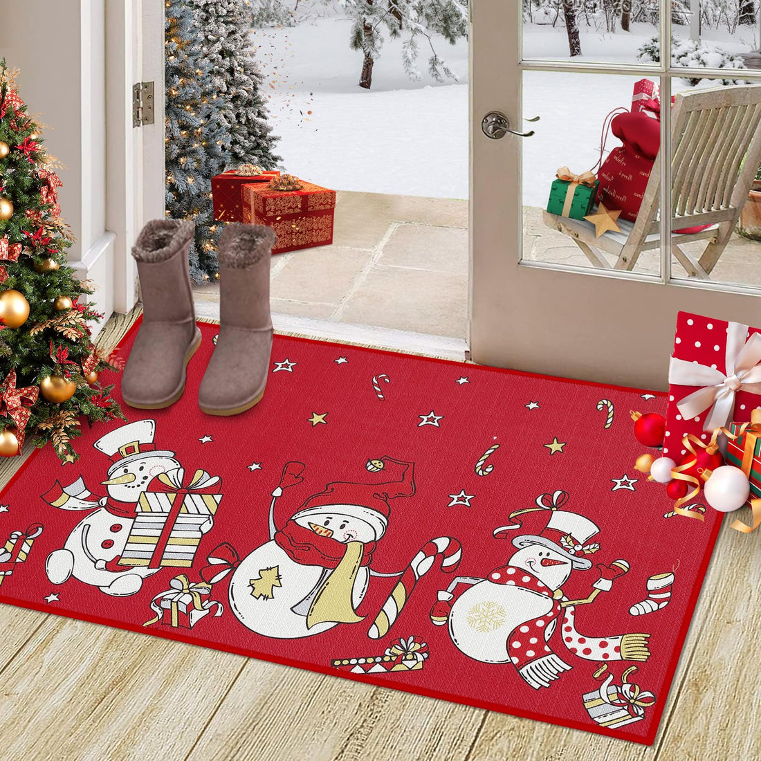 Garvee Paillasson de Noël Antidérapant Silicone avec Bonhomme de Neige et Flocon pour Intérieur et Extérieur, Tissage Résistant, Festif