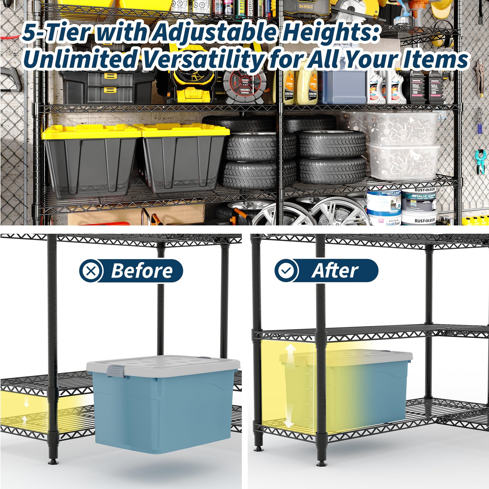 Scaffalatura in metallo Garvee da 70" H, capacità di carico di 1325 libbre, ripiani in filo metallico regolabili a 5 livelli, a forma di L, robusta, per cucina, garage, ufficio, 70,8" x 70,4" x 15,7", metallo