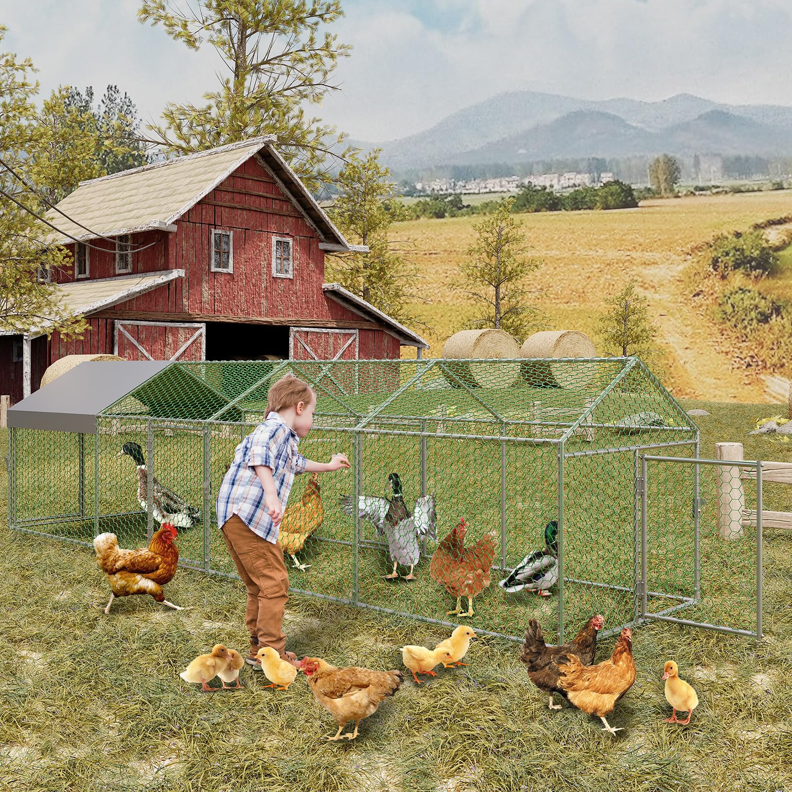 Pollaio Garvee Large 160 x 40 x 40 pollici con 4 porte, resistente alle intemperie, tubo in acciaio zincato, recinzione metallica sicura per polli e conigli, robusta e resistente alle intemperie