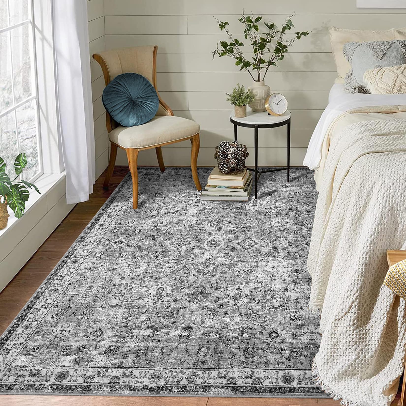 Tappeto Garvee Boho per soggiorno, grande, vintage, lavabile, a pelo corto, antiscivolo, grigio 160x230 cm