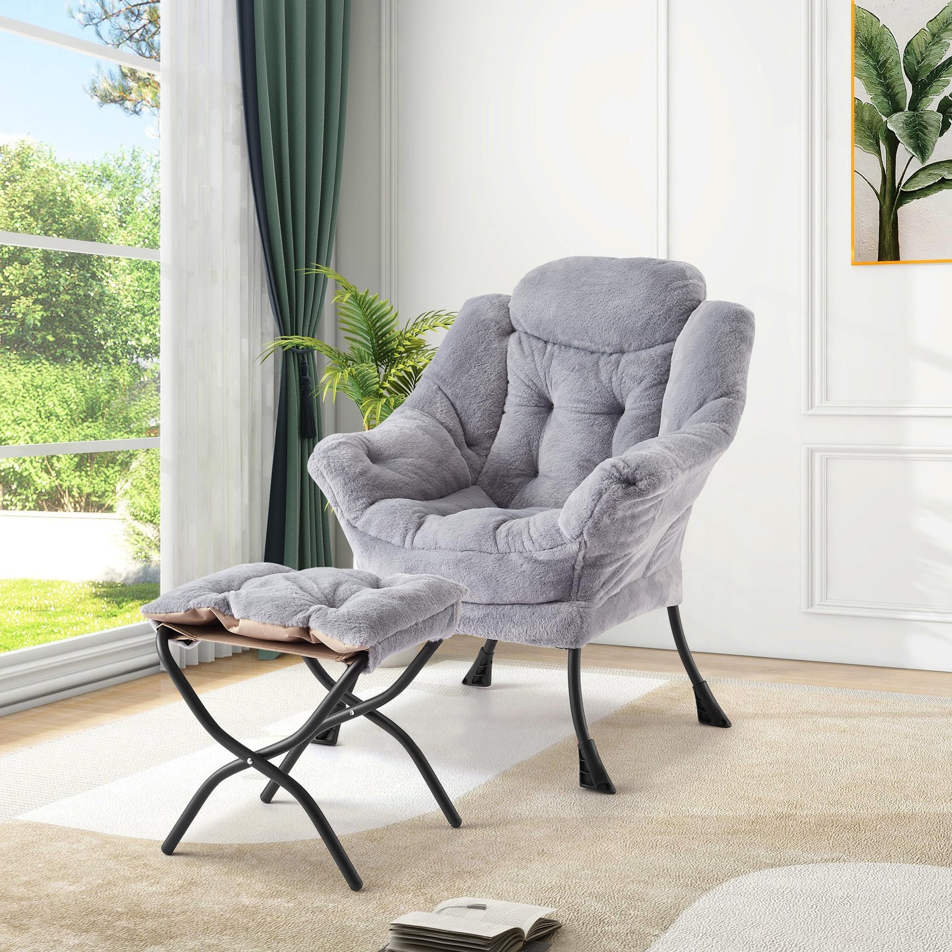 Poltrona Garvee Lazy con poggiapiedi, ergonomica e robusta, in pelliccia sintetica di coniglio, grigio chiaro, per soggiorno e ufficio