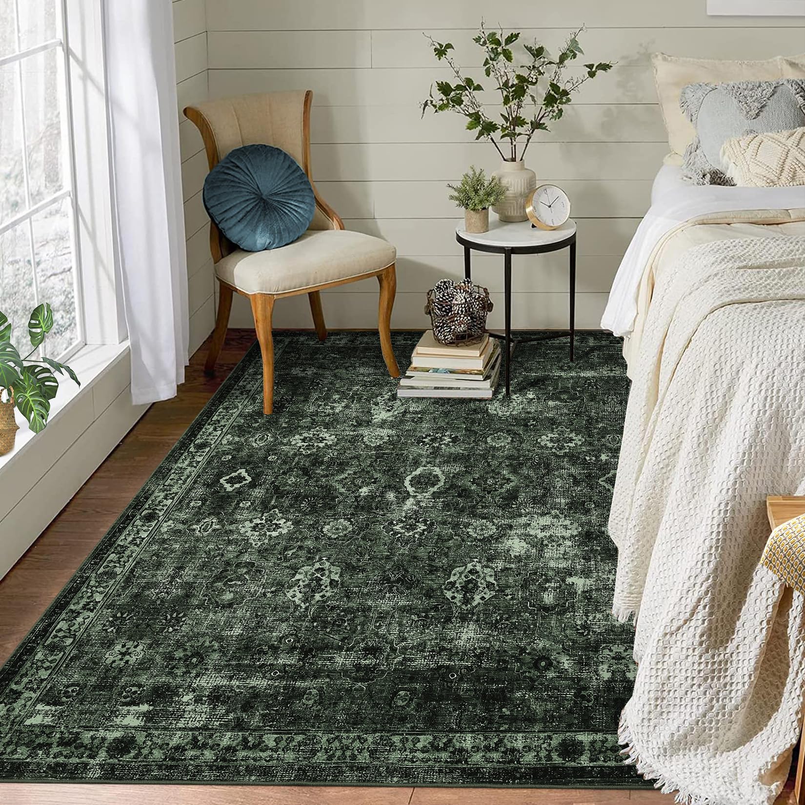 Tappeto Garvee Boho per soggiorno, grande, vintage, lavabile, a pelo corto, verde scuro, 200x290 cm