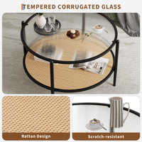 Tavolino da caffè Garvee in rattan da 30" con 2 ripiani, struttura in metallo, piano in vetro effetto onda, nero, soggiorno e ufficio, 30"