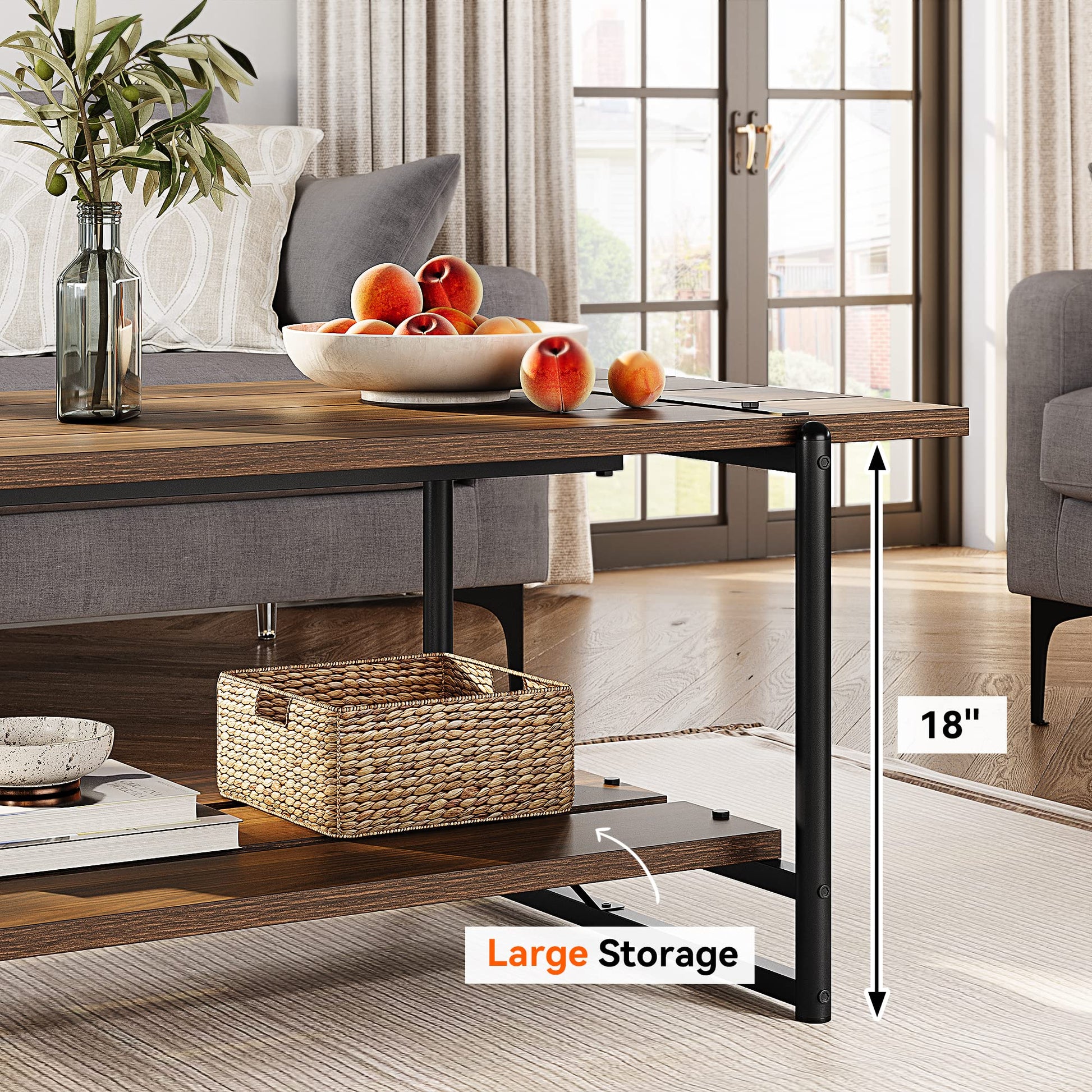 Tavolino da caffè Garvee a 2 ripiani in stile rustico, 41'', in legno grigio con struttura in metallo, per soggiorno e ufficio, ampio spazio di archiviazione, MDF robusto, stile industriale moderno