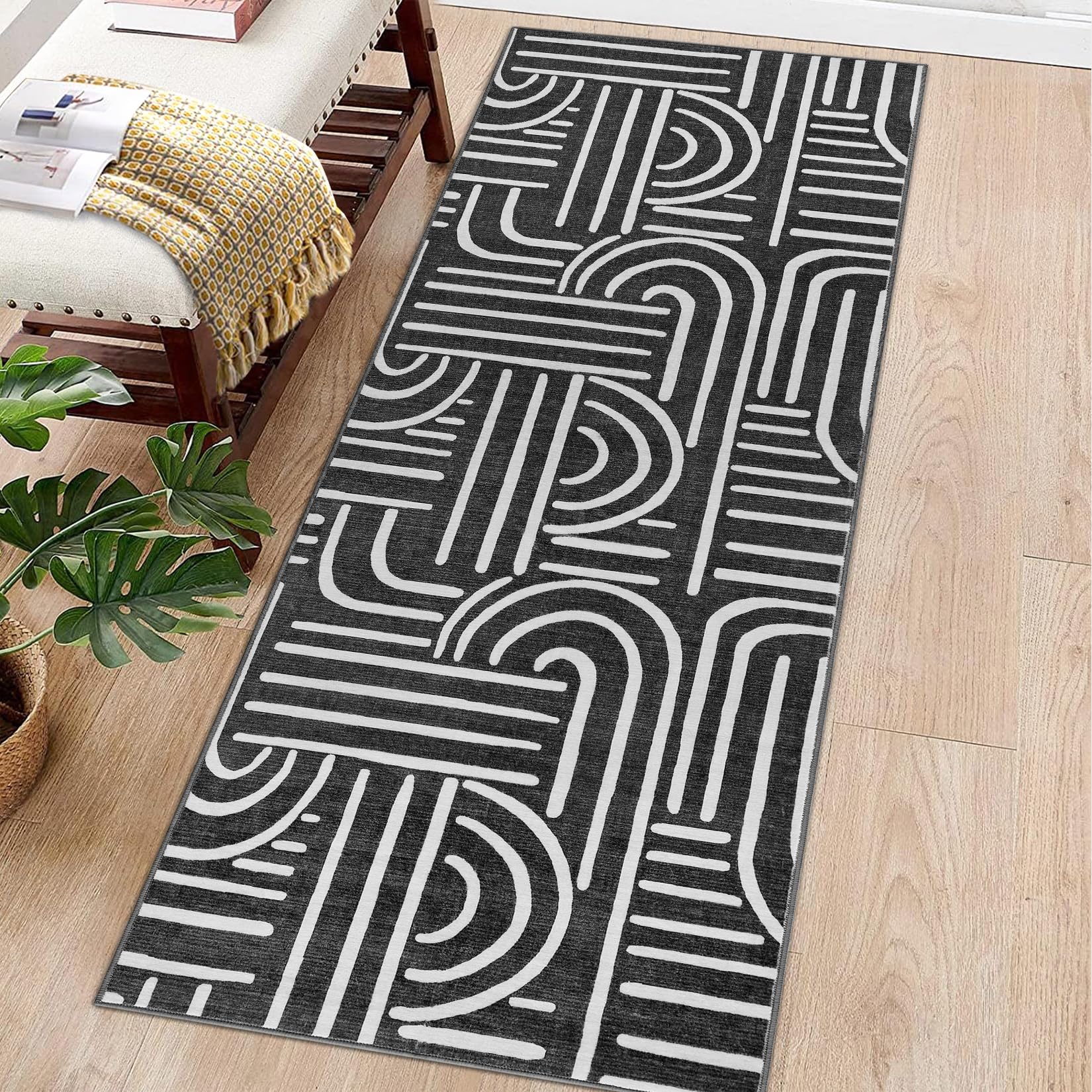 Tappeto Garvee lavabile a pelo corto 80x150 nero per soggiorno, camera da letto, cucina, corridoio, antiscivolo, morbido