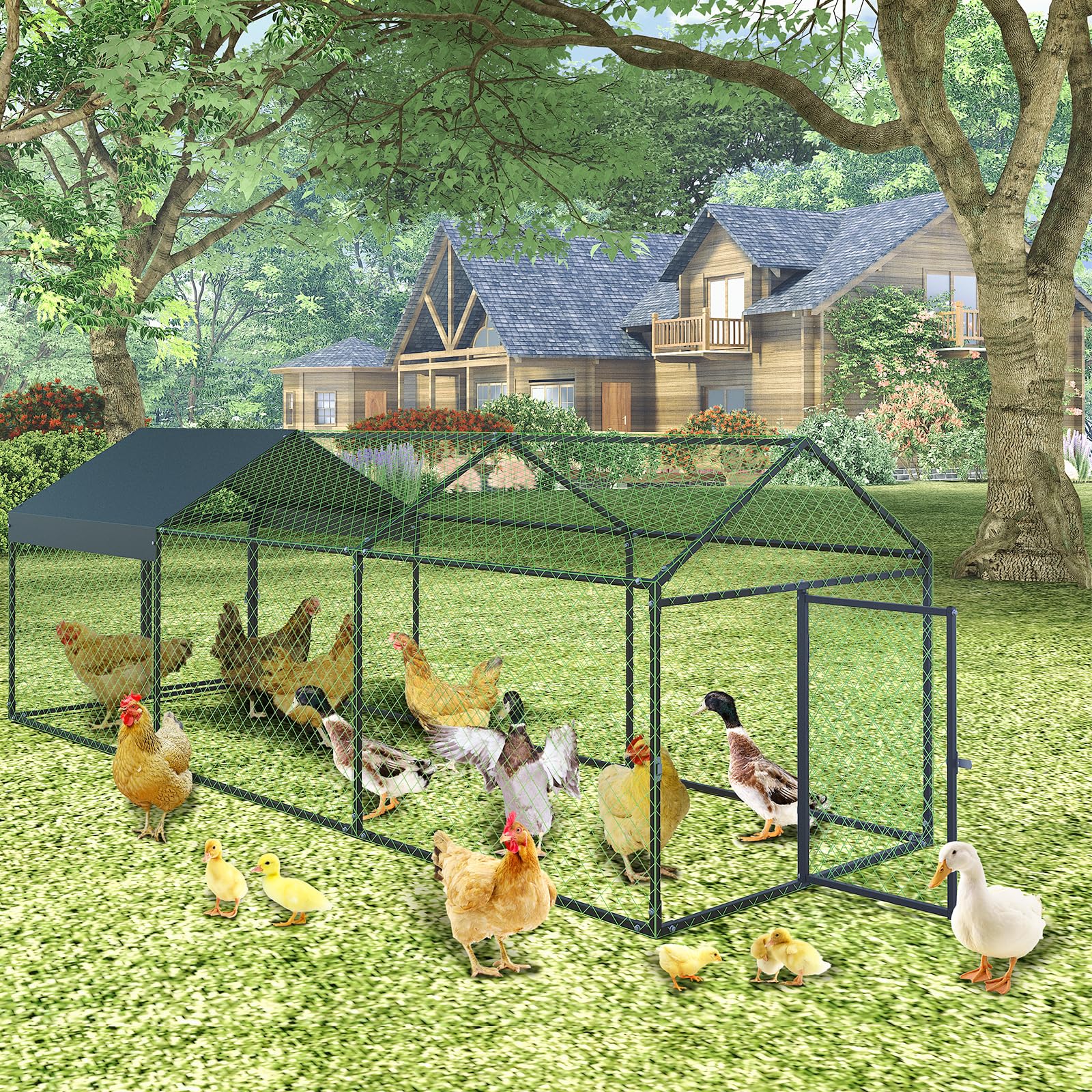 Pollaio Garvee grande 120x40x40 con 3 scomparti, resistente alle intemperie, struttura in acciaio robusto, protezione sicura per polli e conigli, nero