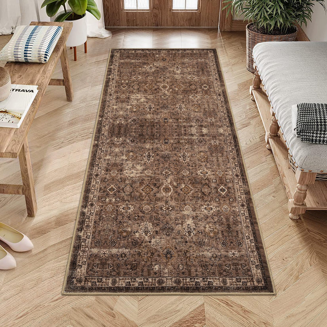 Tappeto vintage Garvee 80 x 150 cm, antiscivolo, lavabile, boho, per soggiorno, camera da letto, sala da pranzo, marrone rossiccio
