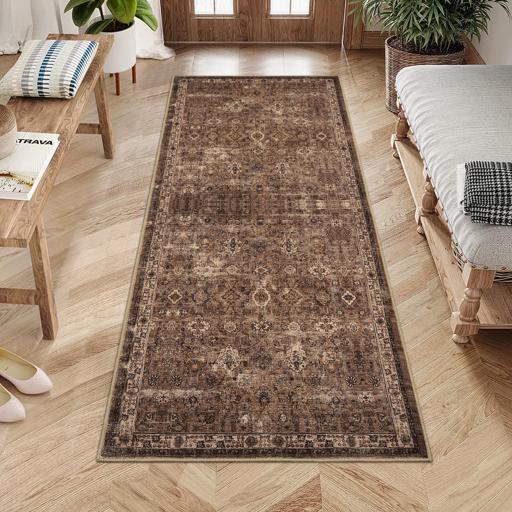 Tappeto vintage Garvee 80 x 150 cm, antiscivolo, lavabile, boho, per soggiorno, camera da letto, sala da pranzo, marrone rossiccio