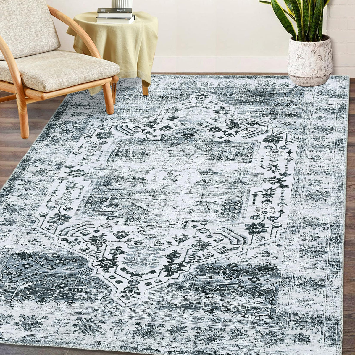 Tappeto orientale lavabile Garvee per il soggiorno, morbido tappeto per la camera da letto, impermeabile, grigio, 80 x 150 cm