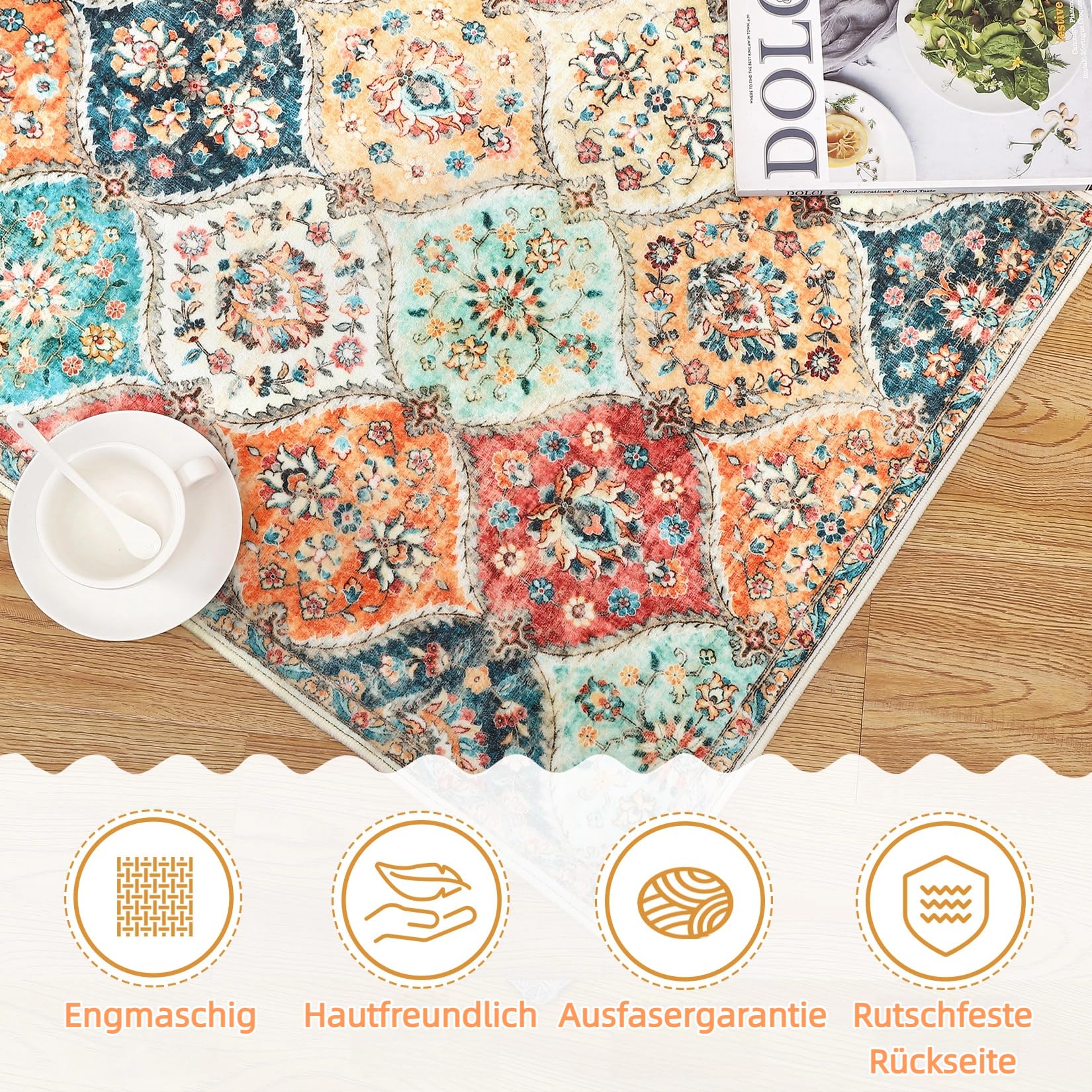 Tappeto da corridoio Garvee 200 x 290 cm, lavabile, motivo floreale vintage, per camera da letto e cucina, antiscivolo