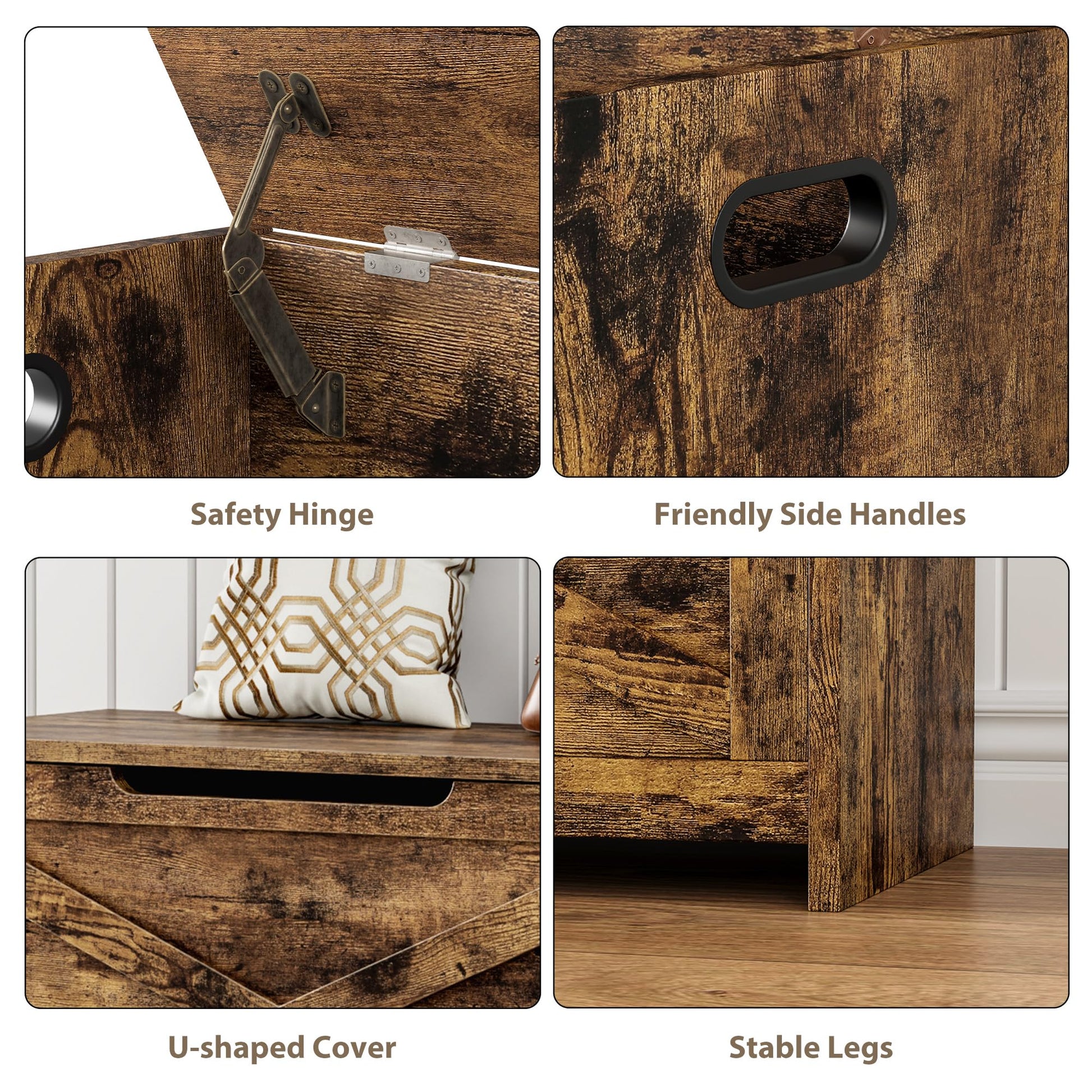 Panca portaoggetti in legno Garvee da 30 pollici con cerniere di sicurezza, grande capacità per soggiorno e camera da letto, robusta, versatile, marrone