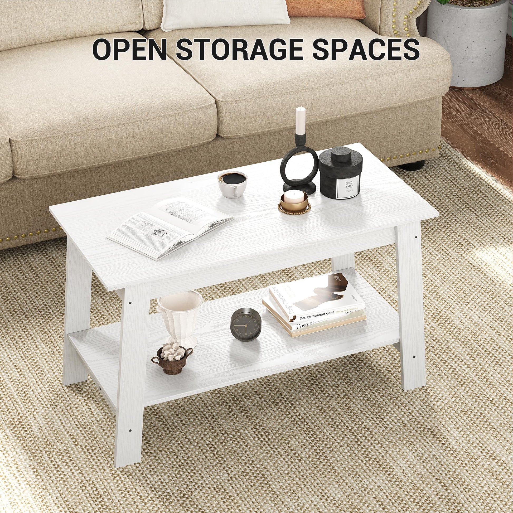 Tavolino da caffè Garvee 80 cm rustico moderno da fattoria, 2 livelli, legno, bianco, rettangolare, soggiorno, ufficio, camera da letto