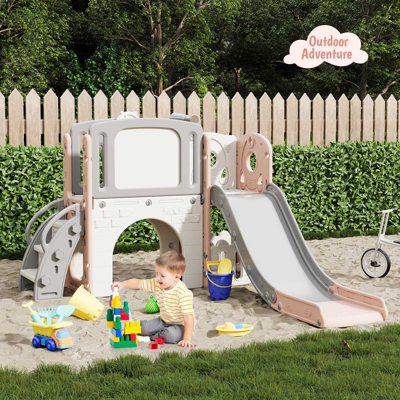 Garvee 8 in 1 Scivolo per bambini, parco giochi per interni ed esterni, con scala di arrampicata, canestro da basket, tavolo da disegno telescopico in HDPE, spazio di archiviazione per giardino