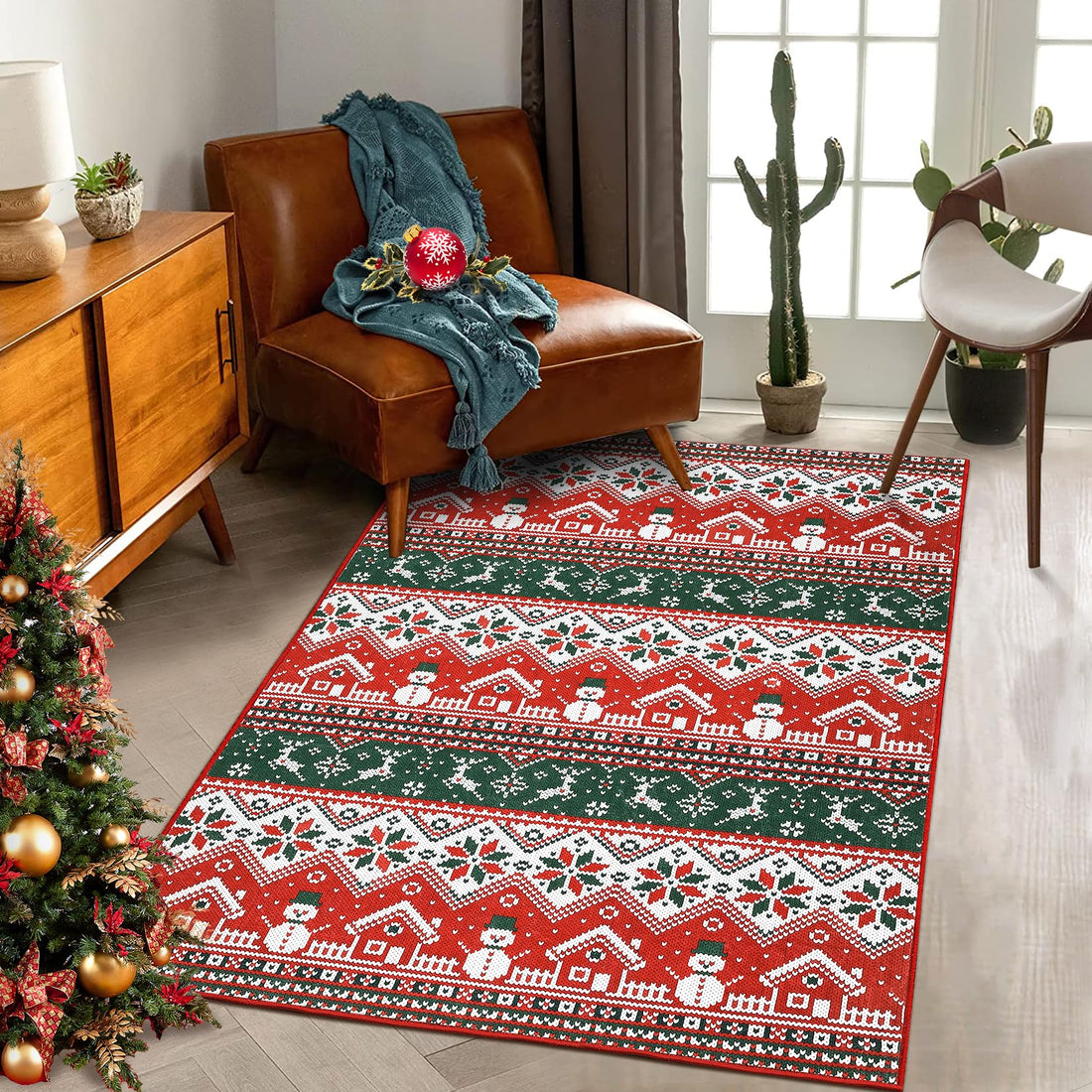 Tappeto natalizio Garvee grande, stile boho, lavabile in lavatrice, con albero di Natale, alce e fiocco di neve, per soggiorno, camera da letto, cucina, sala da pranzo, 140x200 cm