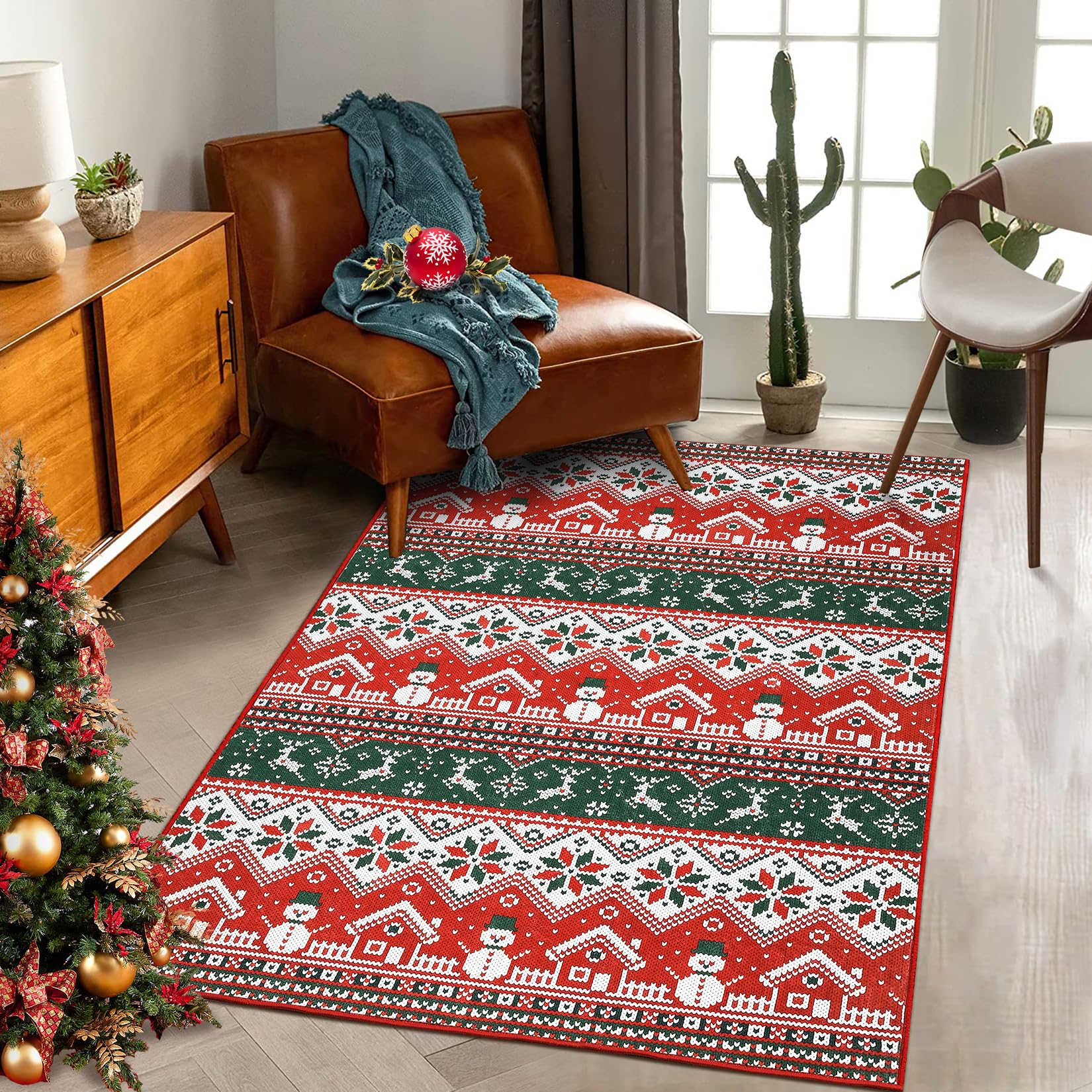 Tappeto natalizio Garvee grande, stile boho, lavabile in lavatrice, con albero di Natale, alce e fiocco di neve, per soggiorno, camera da letto, cucina, sala da pranzo, 140x200 cm