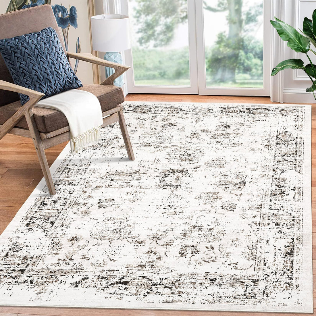 Tappeto antimacchia Garvee, lavabile in lavatrice, stile country retrò, per camera da letto, tavolo da pranzo, 120 x 170 cm, beige