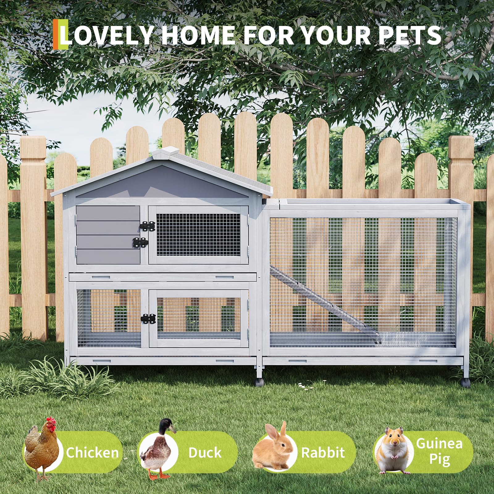 Conigliera Garvee con tetto in asfalto, ruote e cassetto per uso interno ed esterno, resistente alle intemperie, metallo-legno, mobile