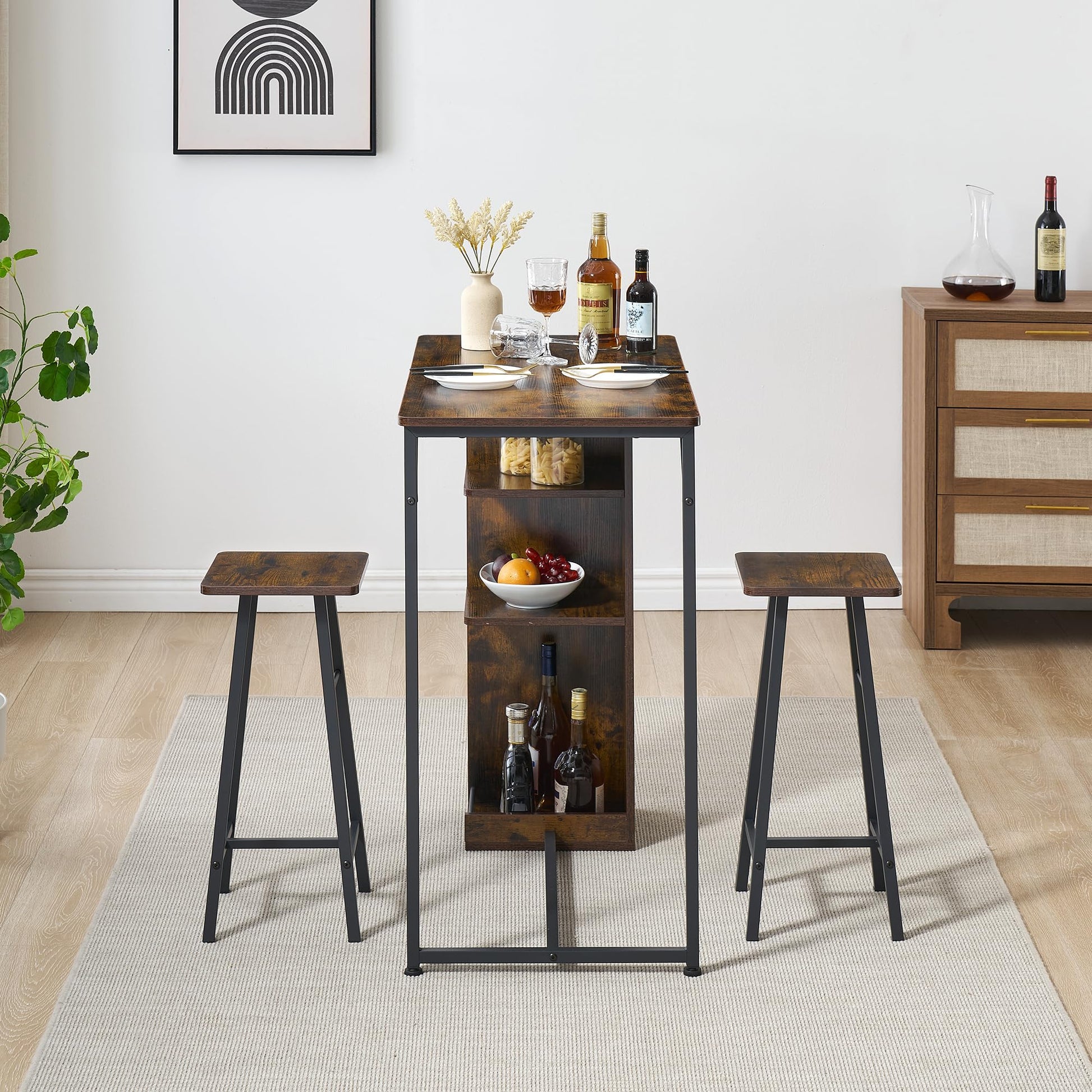 Set tavolo e sedie da bar Garvee, 3 pezzi, marrone rustico con spazio di archiviazione, altezza regolabile, per cucina/angolo colazione, MDF/acciaio