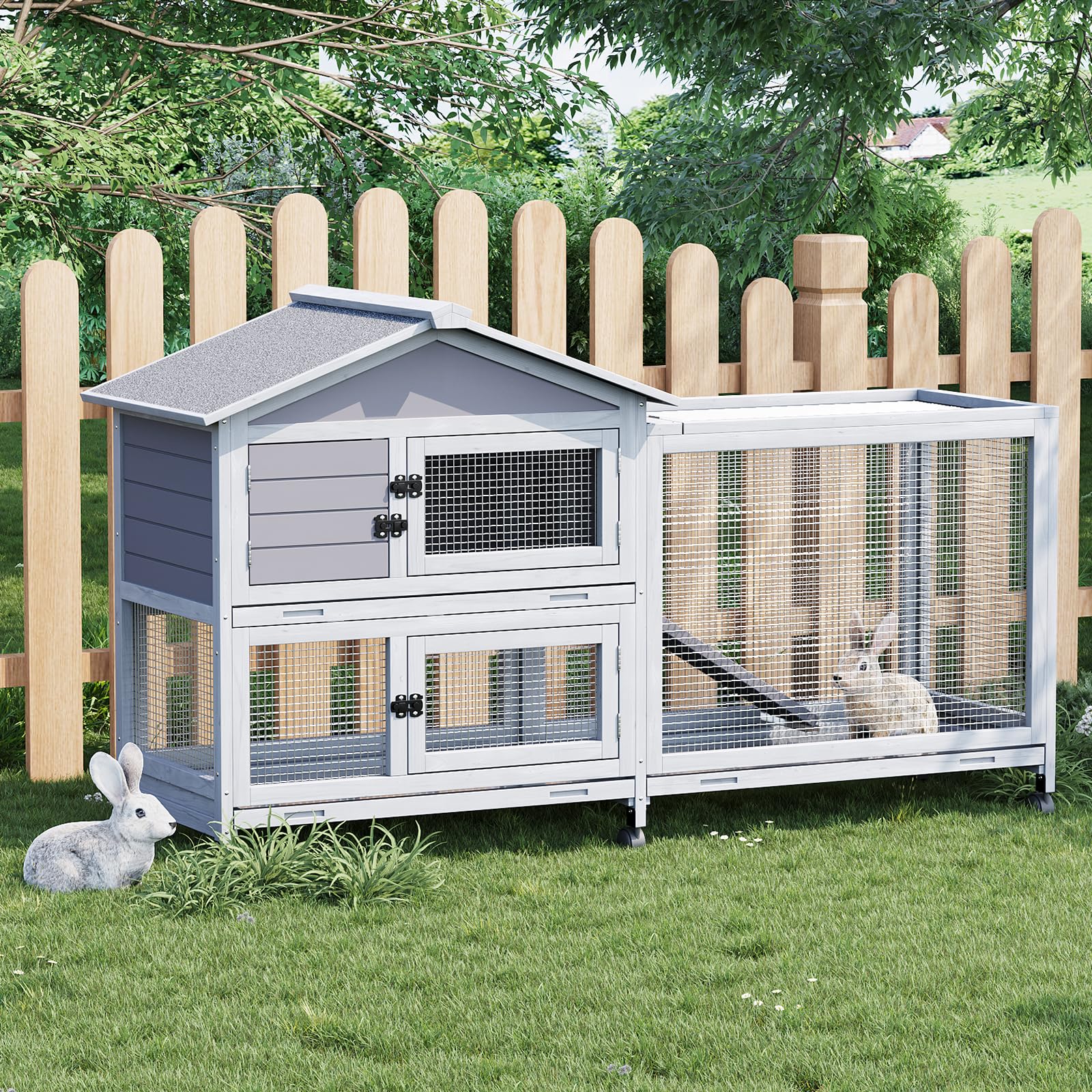 Conigliera Garvee con tetto in asfalto, ruote e cassetto per uso interno ed esterno, resistente alle intemperie, metallo-legno, mobile