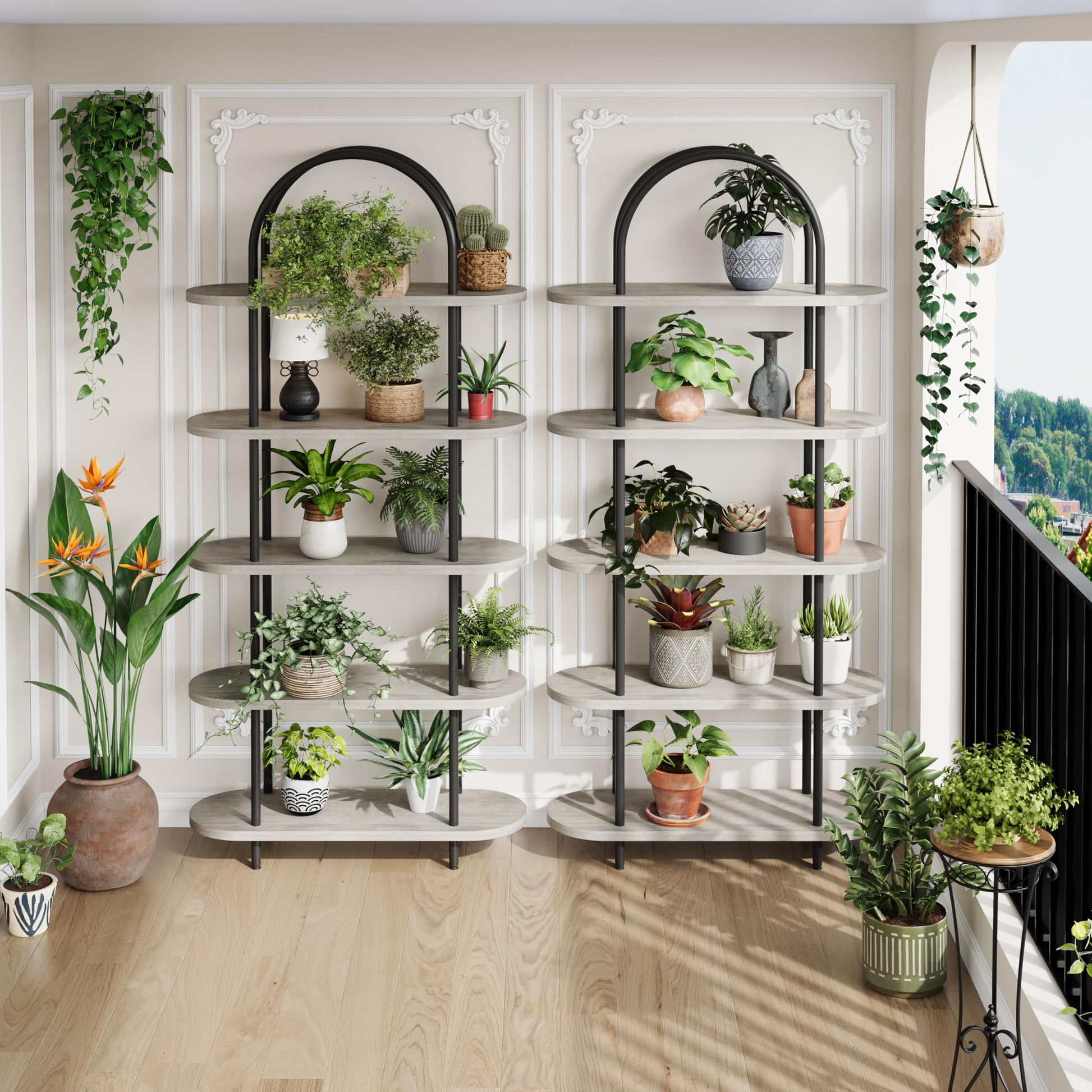 Libreria ad arco Garvee da 71" con 5 ripiani, struttura in metallo, colore nero e grafite, per soggiorno e ufficio, robusta e versatile.