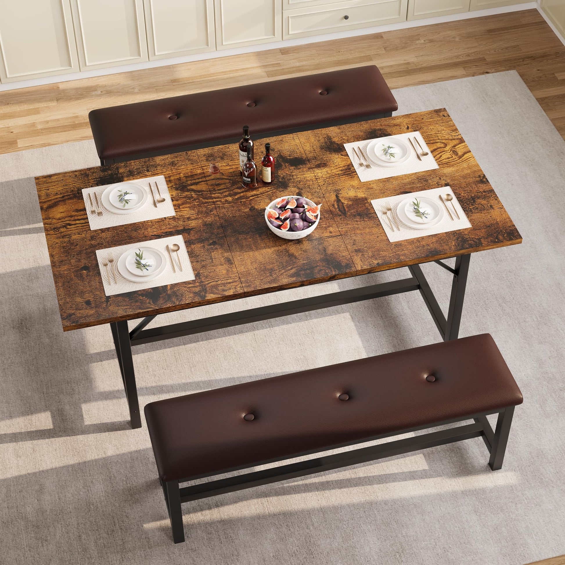 Tavolo da pranzo estensibile Garvee per 4-6 persone con protezioni angolari e panche imbottite, legno MDF, robusta base a H, salvaspazio, ideale per stanze piccole, nero