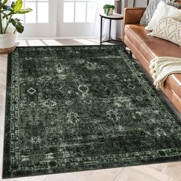 Tappeto Garvee Boho per soggiorno, grande, vintage, lavabile, a pelo corto, verde scuro, 200x290 cm