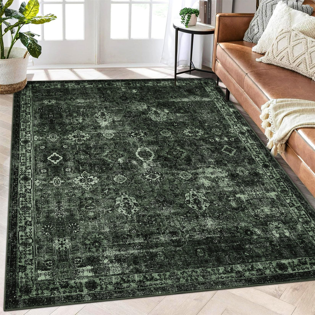 Tappeto Garvee Boho, grande tappeto vintage lavabile verde scuro a pelo corto antiscivolo per camera da letto, 160x230 cm