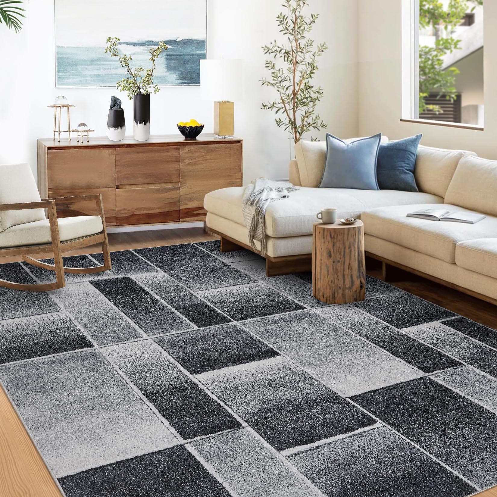 Tappeto moderno a pelo corto Garvee con taglio sagomato e motivo geometrico per soggiorno e camera da letto, 200x290 cm, nero