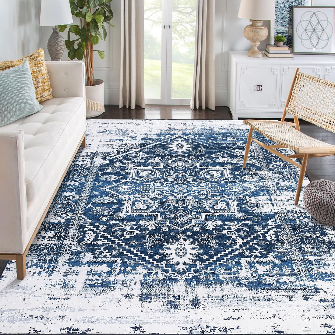Tappeto da collezione Garvee, design orientale anticato, 160 x 230 cm, blu, facile da pulire, per soggiorno e camera da letto