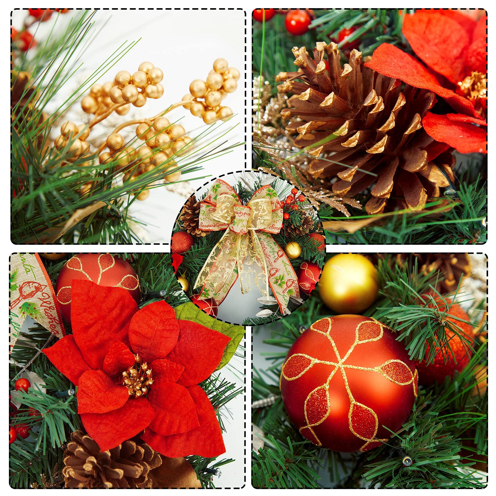 Ghirlanda natalizia Garvee rossa da 24 pollici con luci a LED, verde abete artificiale, per porta d'ingresso e decorazione per feste, rossa, 24 pollici