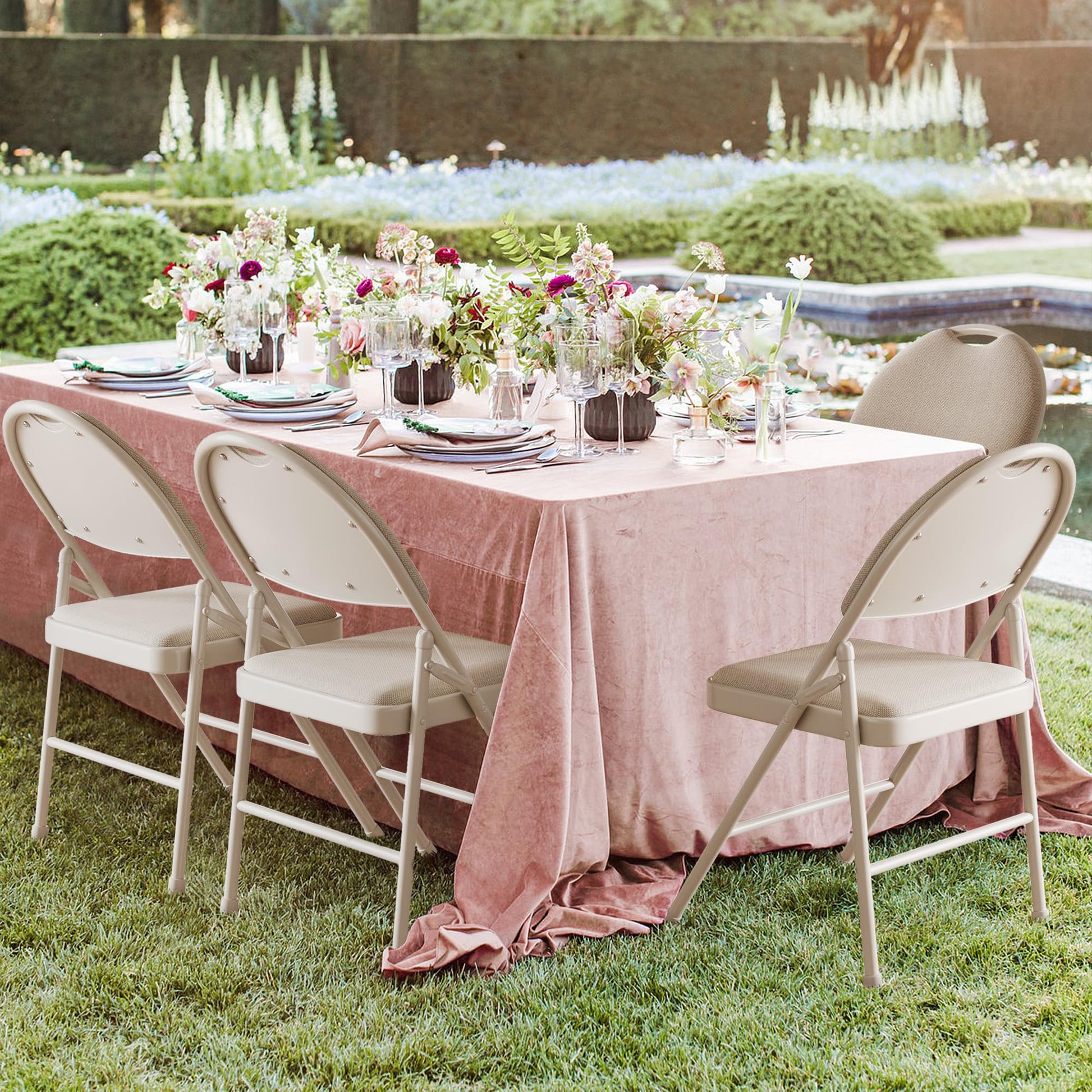 Garvee Set di 4 sedie pieghevoli con cuscini, fodere in lino, robuste strutture in metallo per ufficio ed eventi, beige, pieghevoli, ergonomiche