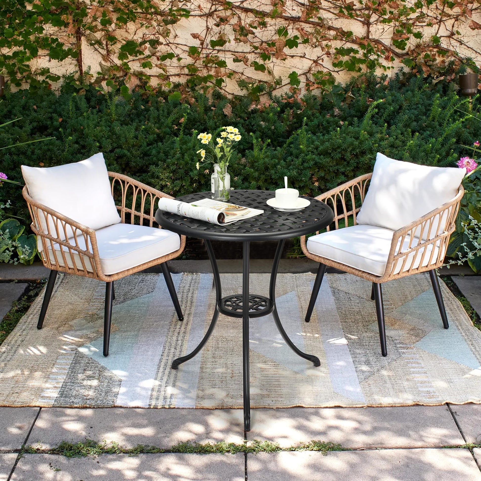 Tavolo da bistro da giardino Garvee rotondo da 24" con foro per ombrellone da 2" in alluminio resistente a tutte le intemperie, ferro robusto, nero classico, balcone e giardino