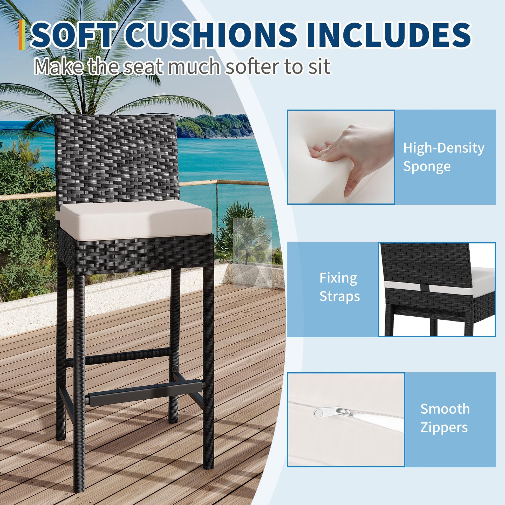 Set di 2 sgabelli da bar per esterni in vimini Garvee - Ergonomici e resistenti alle intemperie - Struttura in rattan PE e acciaio - Altezza seduta 28" - Per giardino e patio - Nero