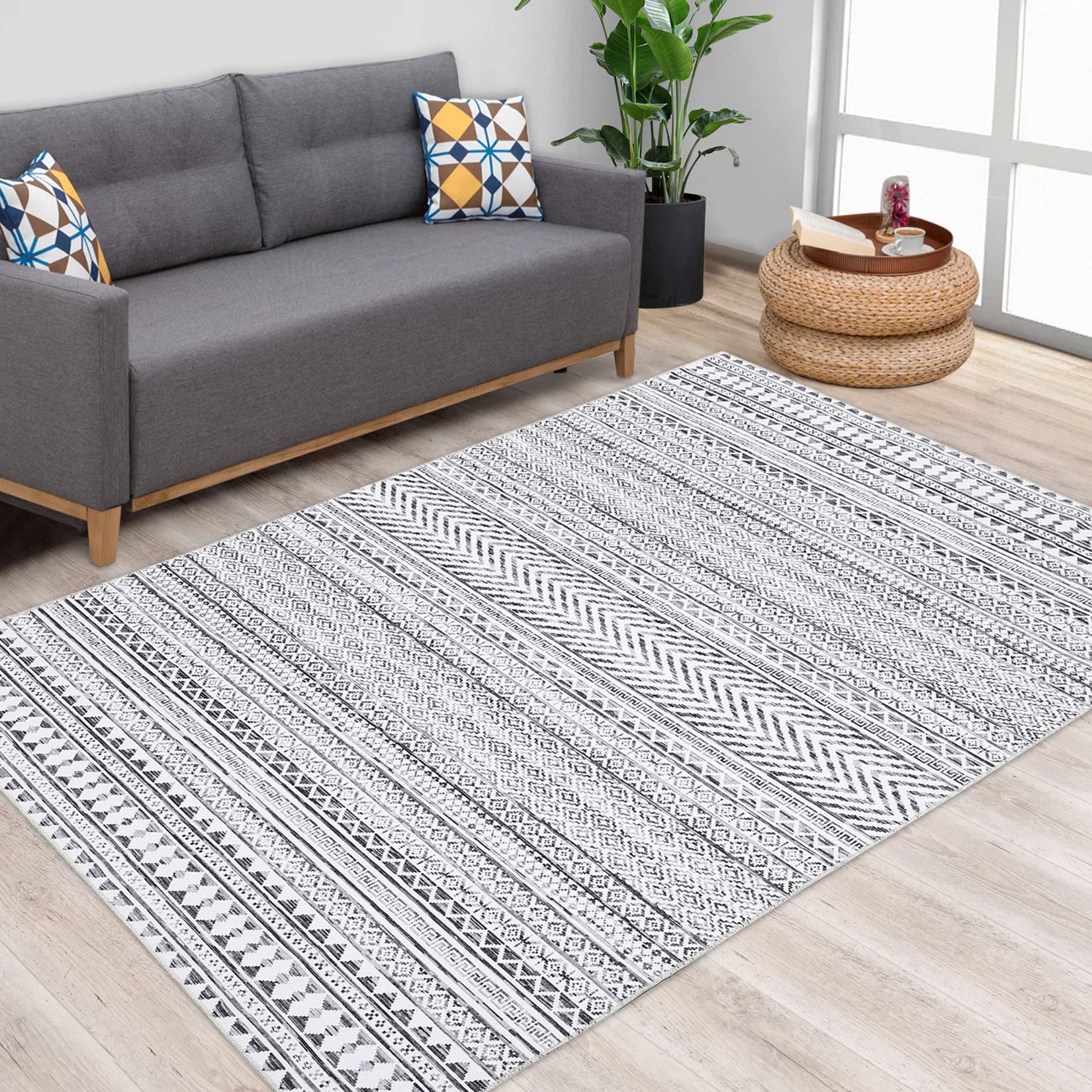Tappeto GARVEE Boho Moroccan 160x230cm Grigio, idrorepellente, a pelo corto, resistente all'olio e alle macchie, lavabile, soggiorno e camera da letto