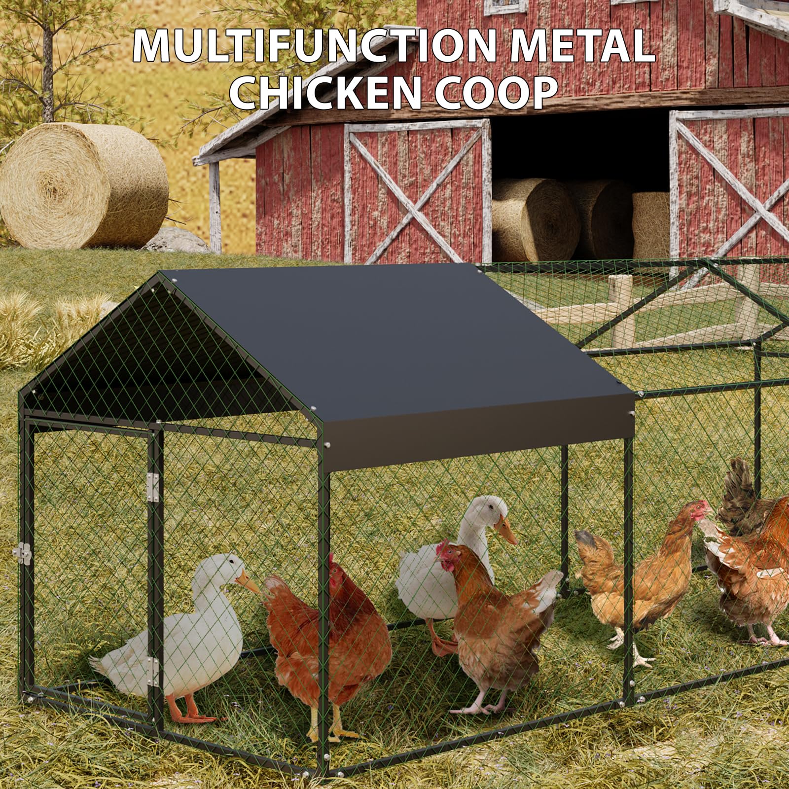 Pollaio Garvee grande 120x40x40 con 3 scomparti, resistente alle intemperie, struttura in acciaio robusto, protezione sicura per polli e conigli, nero