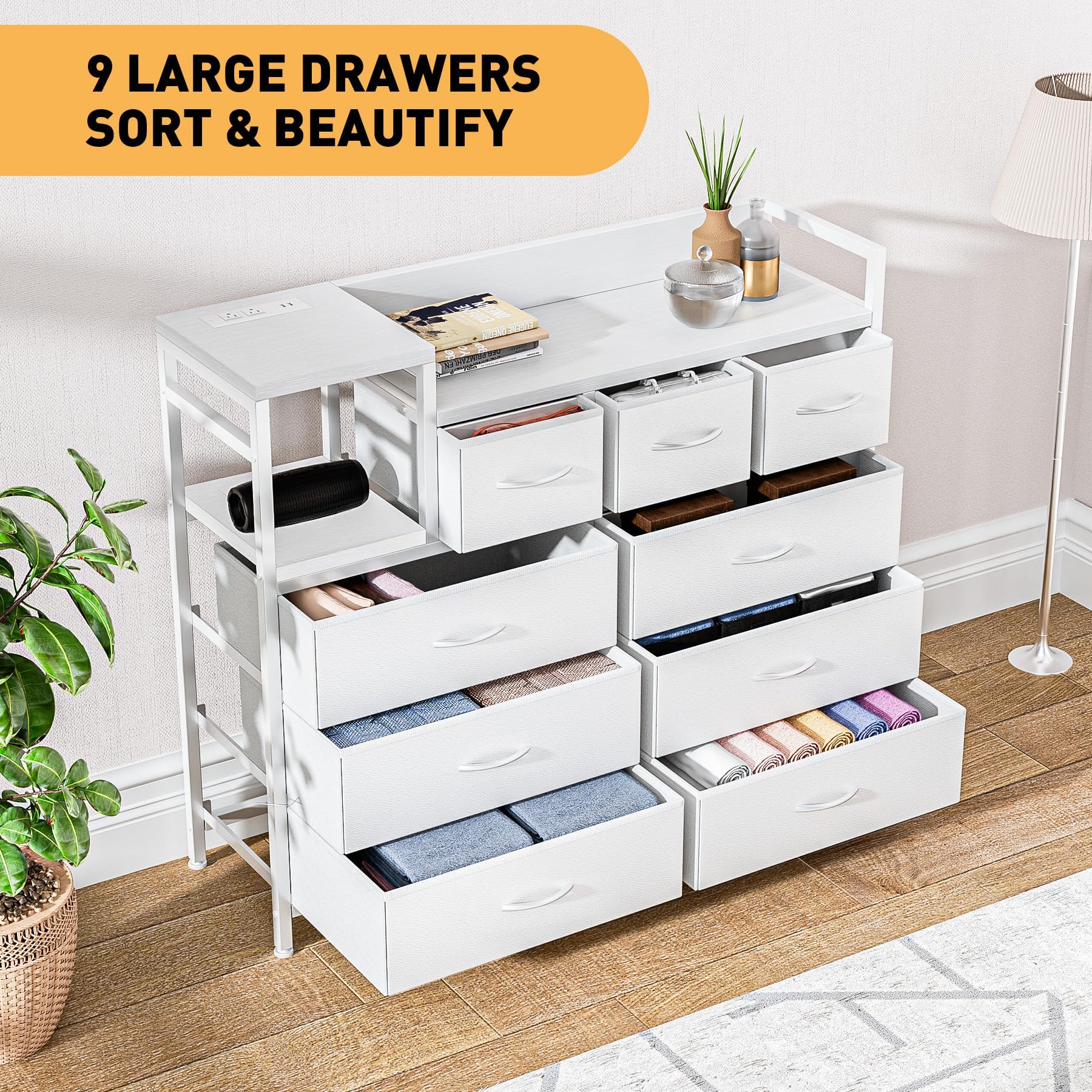 Cassettiera Garvee con 9 cassetti in tessuto, multifunzionale per camera da letto e soggiorno, 100x30x86 cm, bianco