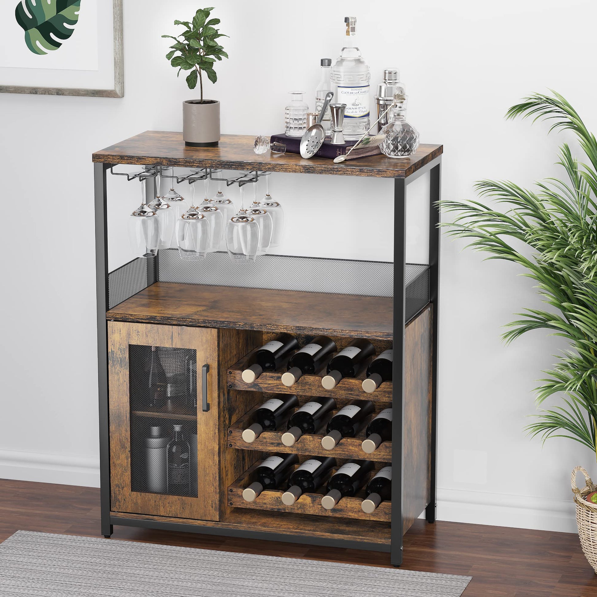 Mobile bar per vino Garvee a 3 ripiani con portabottiglie rimovibile, portabicchieri e porta a rete per cucina e soggiorno, 27,2"L x 13,8"P x 36,2"A, MDF e ferro, versatile