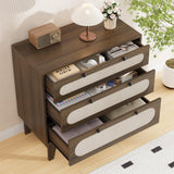 Garvee Comò 3 Cassetti Stile Rattan Marrone Scuro Legno Retro Boho Camera da Letto Soggiorno 80x40x79,5 cm